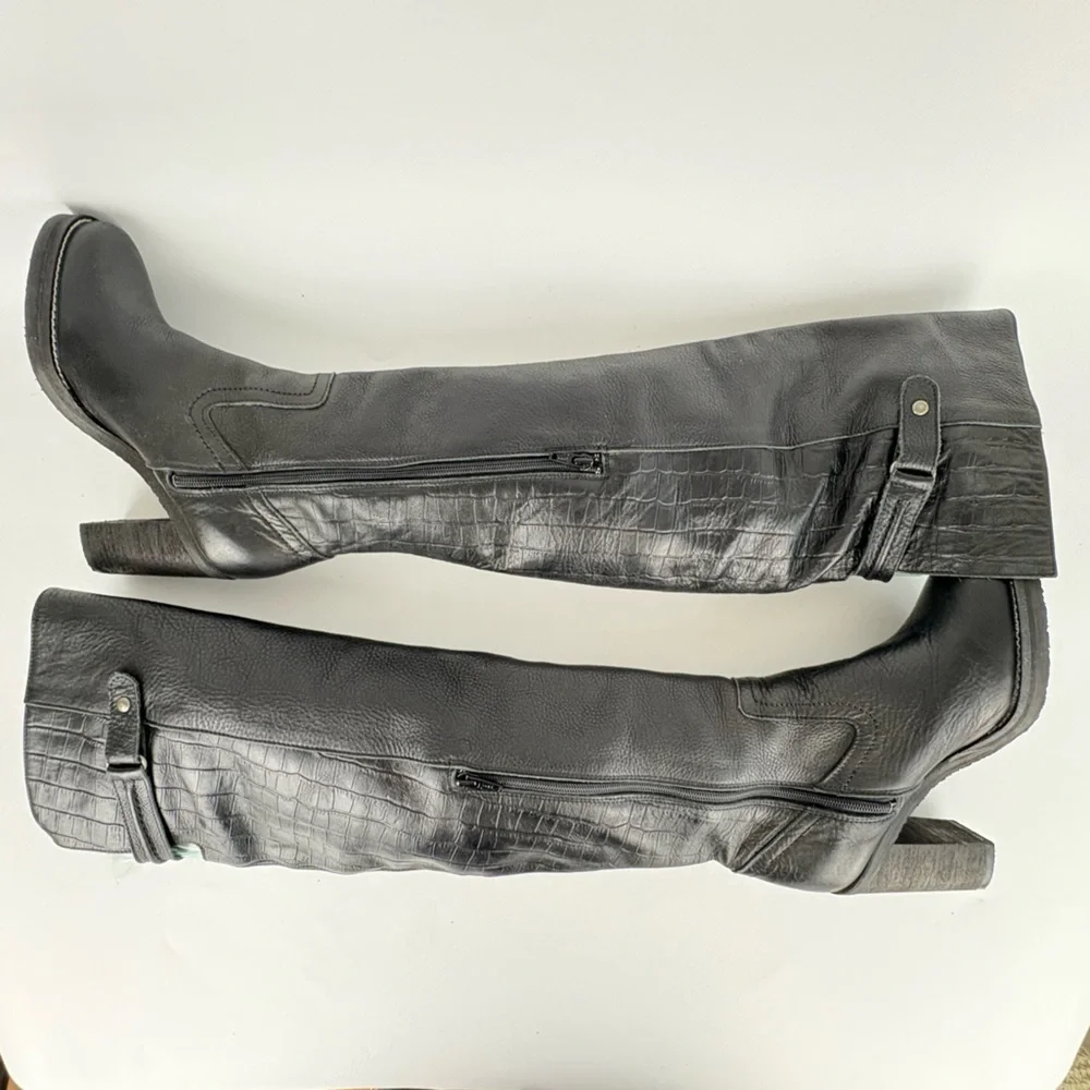 New Free People Black Leather Novak Over the Knee Heeled Boots